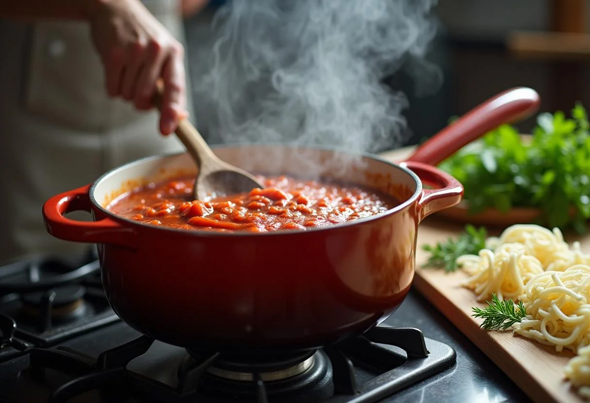 Cooking homemade marinara sauce for Harry Potter Ministry of Magic Meatball Subs in an enchanting kitchen.