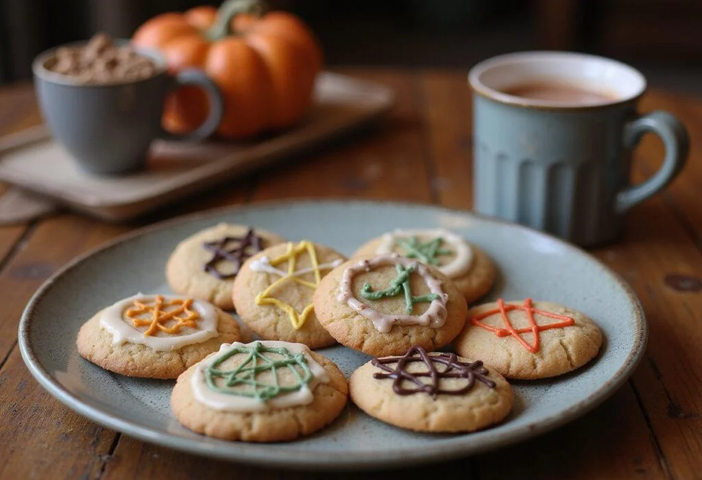 Deliciously decorated Harry Potter Mrs. Weasley's Weasley Jumper Cookies on a plate with hot cocoa, showcasing their festive appeal.