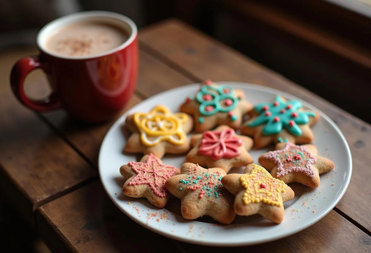 Deliciously decorated Harry Potter Mrs. Weasley's Weasley Jumper Cookies on a plate with hot cocoa, showcasing their festive appeal.