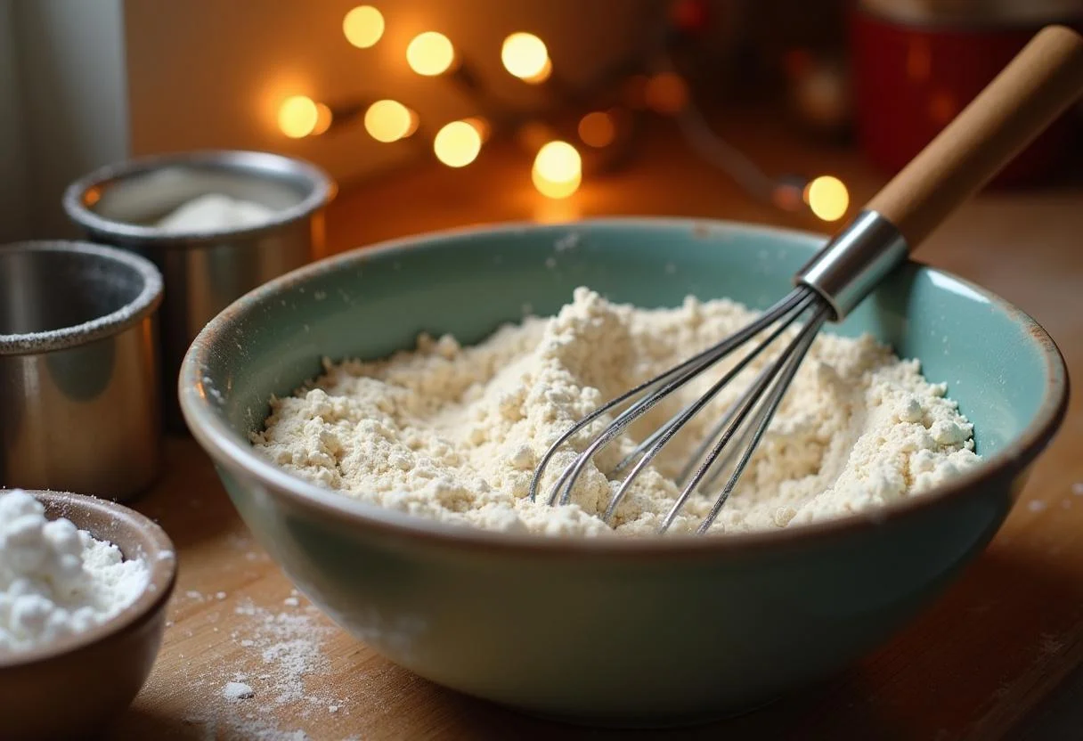 Making Harry Potter Mrs. Weasley's Weasley Jumper Cookies with flour, sugar, and baking powder in a cozy kitchen.