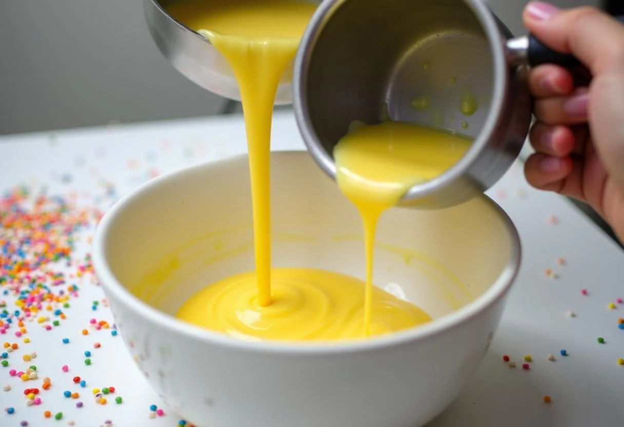 Pouring melted butter into the mixture for Harry Potter Mrs. Weasley's Weasley Jumper Cookies, surrounded by colorful sprinkles.