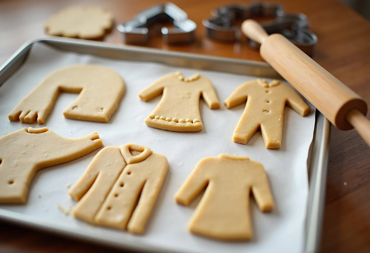 Shaping cookie dough into sweater designs for Harry Potter Mrs. Weasley's Weasley Jumper Cookies on a wooden countertop.