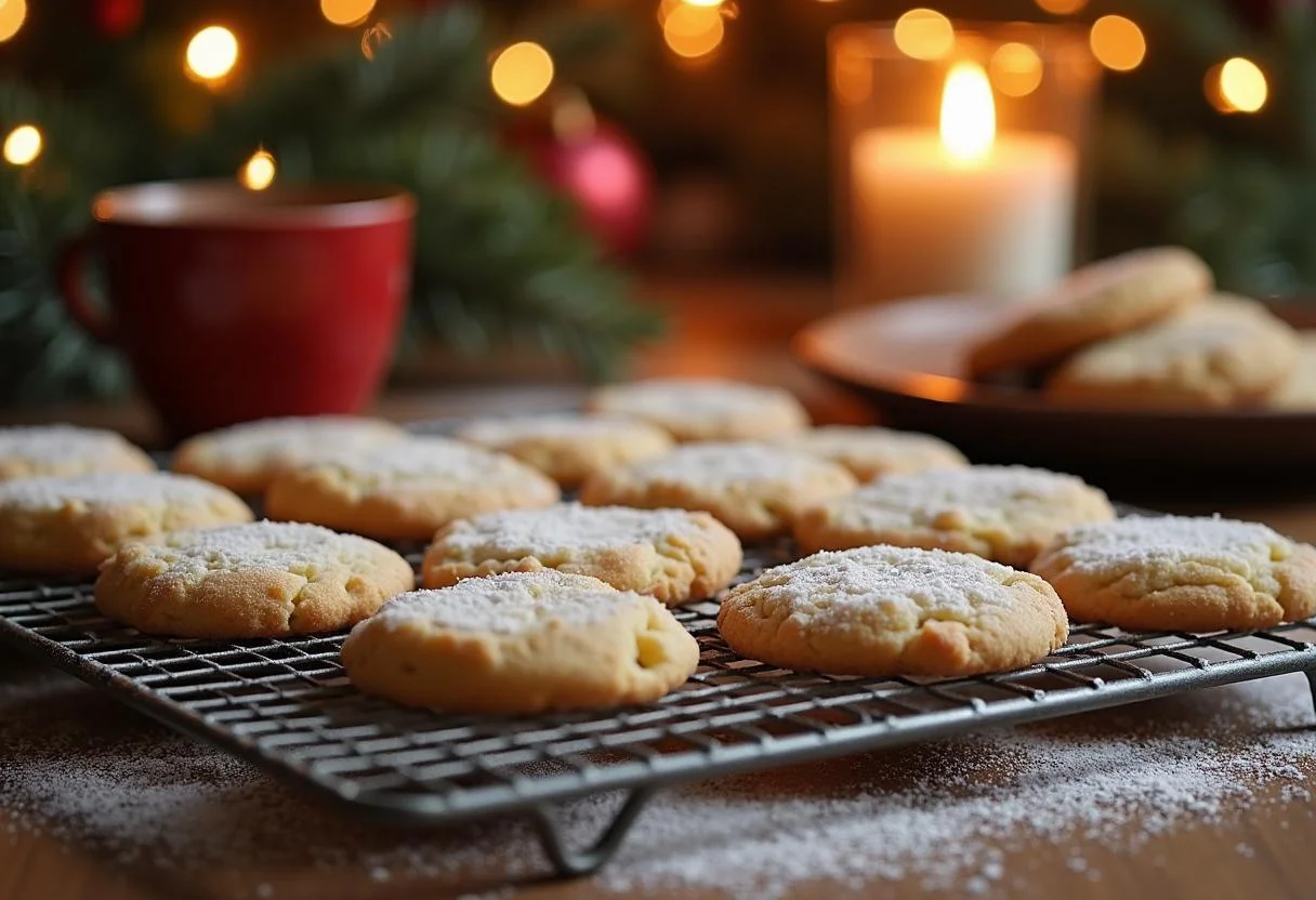 Freshly baked Harry Potter Mrs. Weasley's Weasley Jumper Cookies cooling on a wire rack in a festive kitchen.