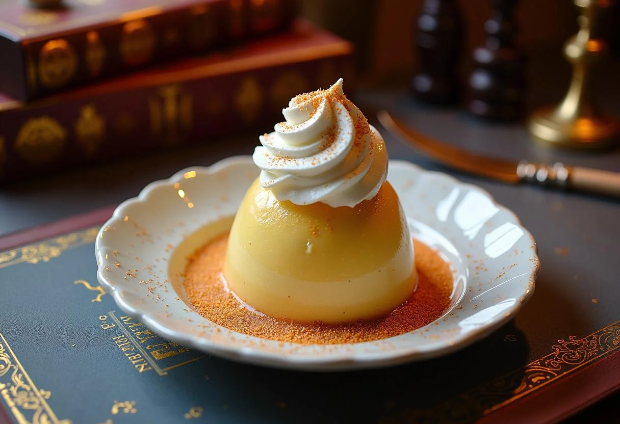 Delicious Harry Potter Patronus Charm Pudding served elegantly, showcasing the enchanting dessert with whipped cream and magical touches.