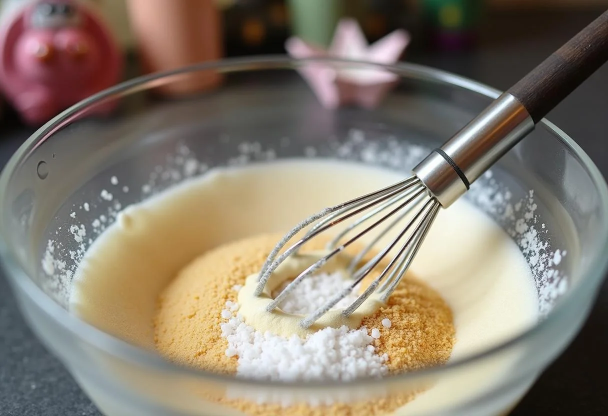 Mixing ingredients for Harry Potter Patronus Charm Pudding with sugar, cornstarch, and salt in a whimsical kitchen setting.
