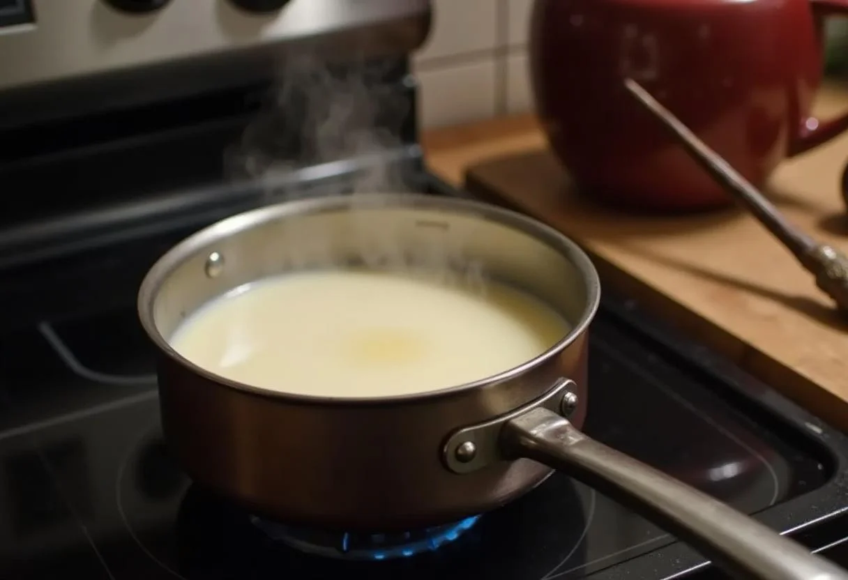 Heating milk and vanilla extract in a saucepan for Harry Potter Patronus Charm Pudding, showcasing a magical cooking atmosphere.