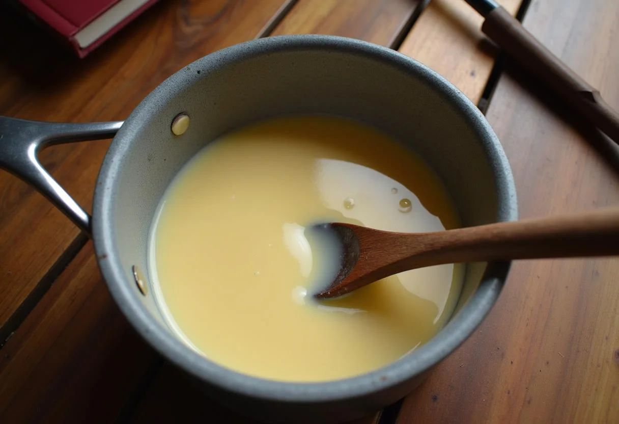 Combining the pudding mixture with heated milk for Harry Potter Patronus Charm Pudding, filled with enchanting cooking elements.