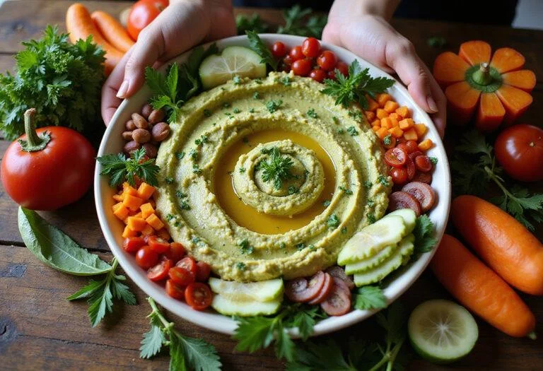 Final presentation of Harry Potter Professor Sprout's Herbology Hummus, beautifully arranged with colorful vegetables and herbs, perfect for serving.