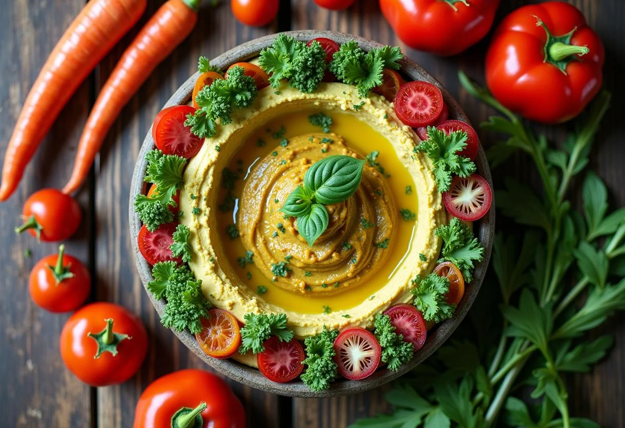 Final presentation of Harry Potter Professor Sprout's Herbology Hummus, beautifully arranged with colorful vegetables and herbs, perfect for serving.