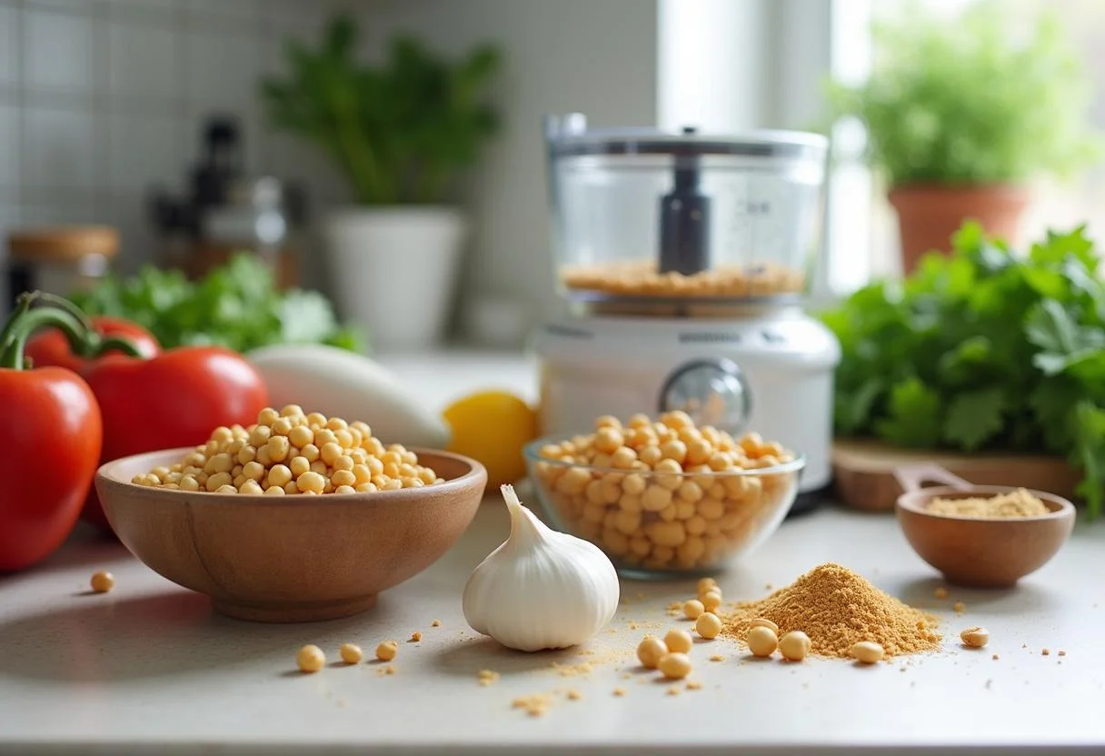 Fresh ingredients for Harry Potter Professor Sprout's Herbology Hummus, showcasing chickpeas, tahini, garlic, and vibrant herbs in a bright kitchen.