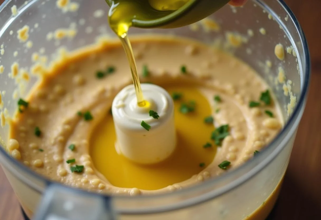 Making Harry Potter Professor Sprout's Herbology Hummus in a food processor, blending chickpeas, tahini, olive oil, and lemon juice for a creamy texture.