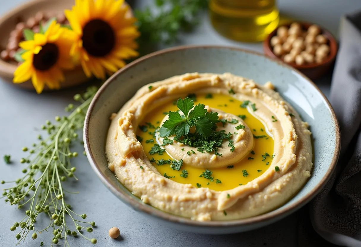 Garnished Harry Potter Professor Sprout's Herbology Hummus in a bowl with olive oil, chopped parsley, and sunflower sprouts for a fresh presentation.
