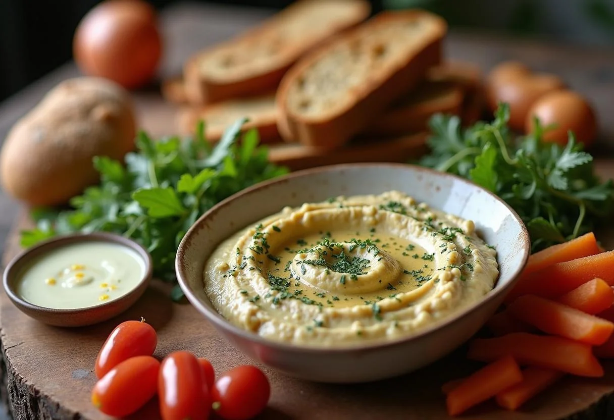 Serving Harry Potter Professor Sprout's Herbology Hummus with assorted bread and fresh veggies, ideal for a communal dining experience.