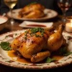 Artistic display of Harry Potter Pumpkin Juice Glazed Chicken, showcasing the vibrant glaze and herbs in a cozy dinner setting.