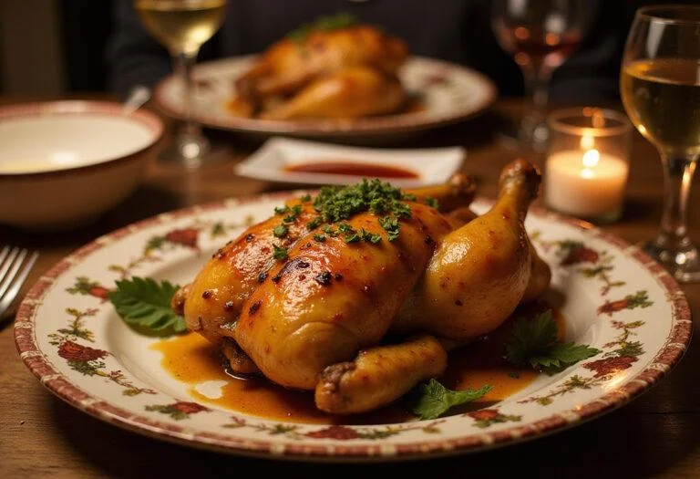 Artistic display of Harry Potter Pumpkin Juice Glazed Chicken, showcasing the vibrant glaze and herbs in a cozy dinner setting.