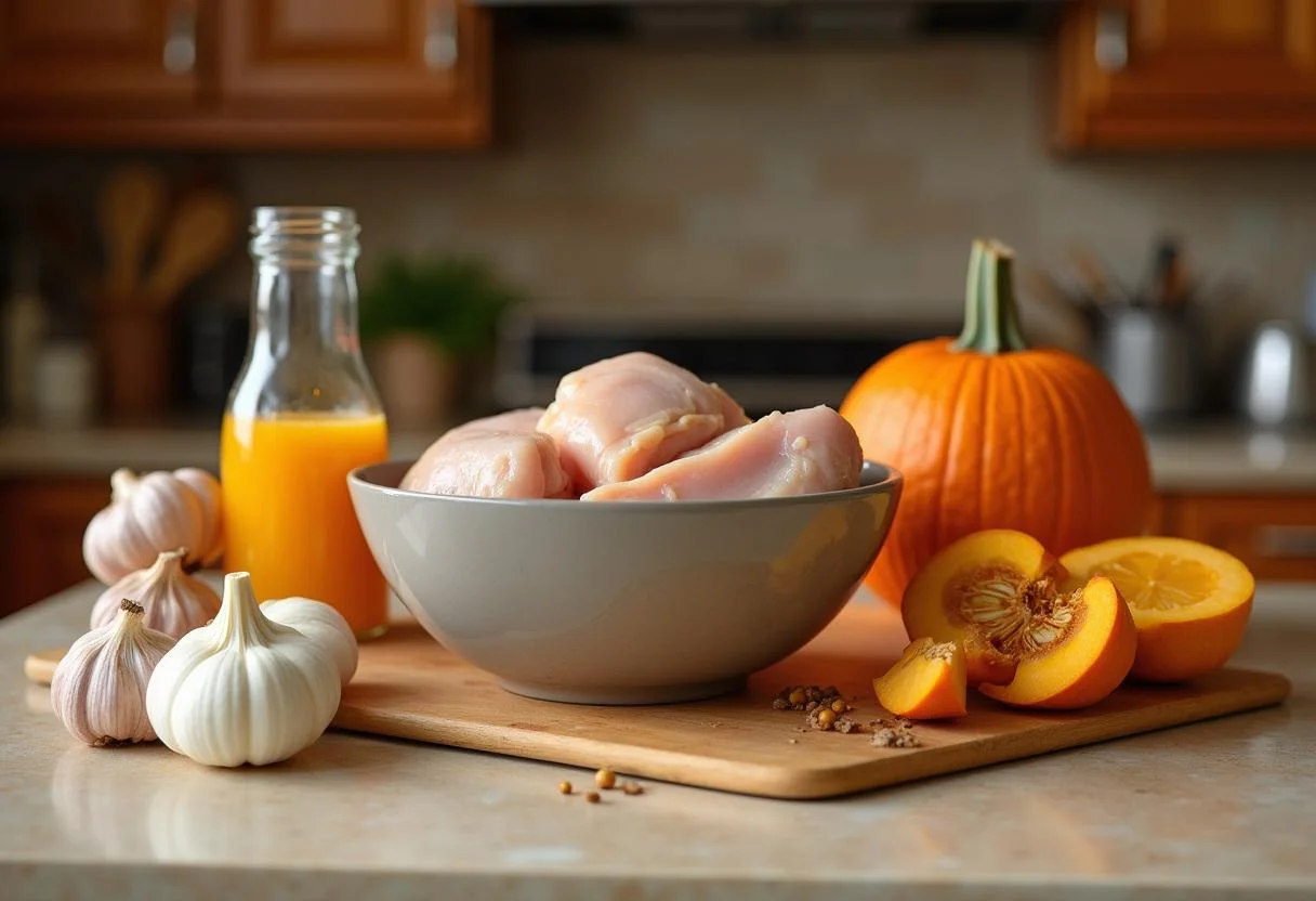 Marinating chicken thighs in pumpkin juice for Harry Potter Pumpkin Juice Glazed Chicken, featuring ingredients like garlic and spices.