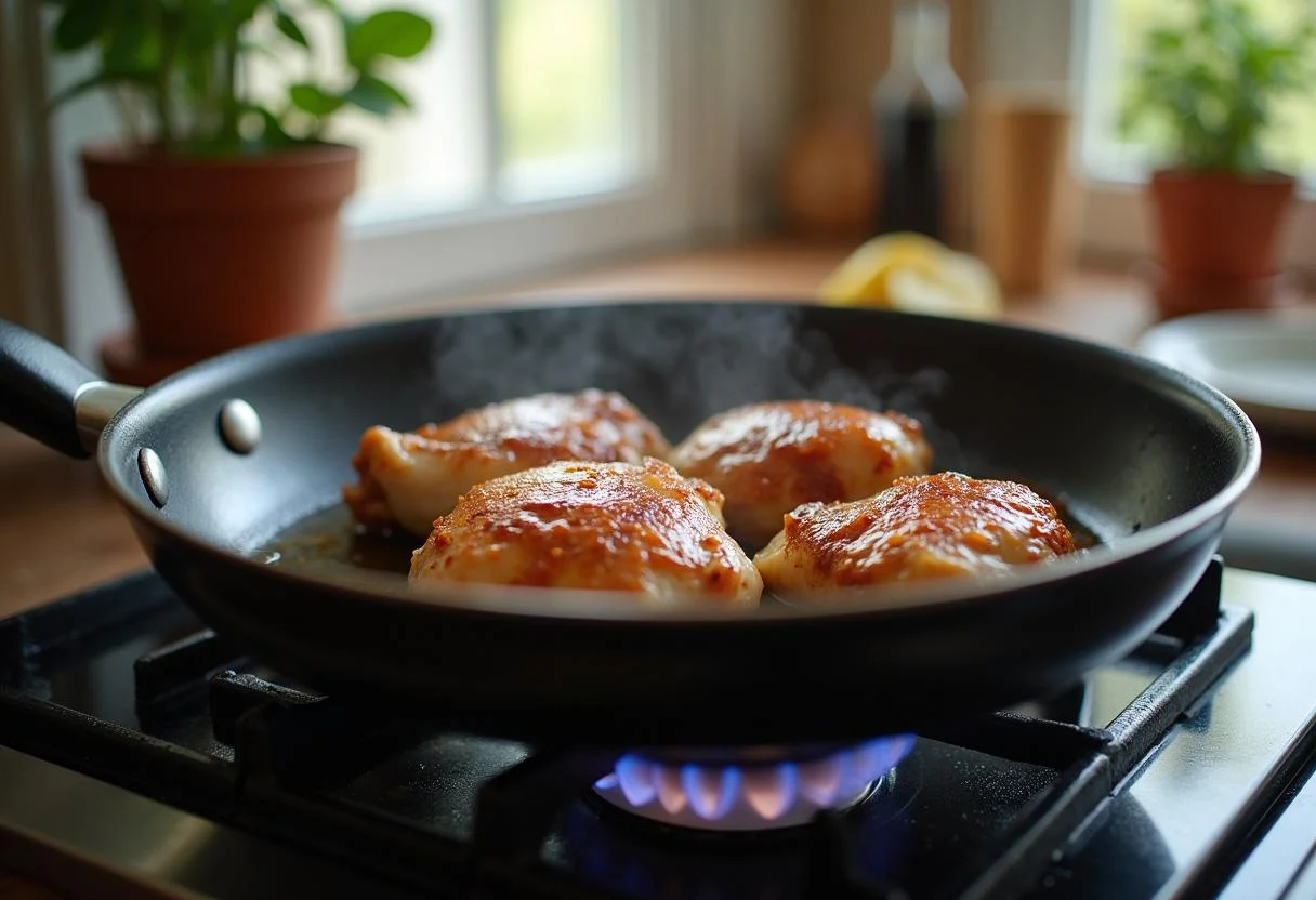 Searing marinated chicken thighs on the stove for Harry Potter Pumpkin Juice Glazed Chicken, showcasing a cozy kitchen environment.