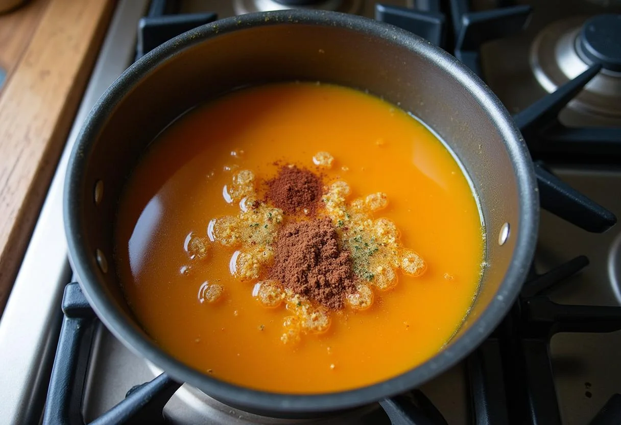Cooking pumpkin juice glaze for Harry Potter Pumpkin Juice Glazed Chicken, highlighting spices and herbs in a bubbling pot.