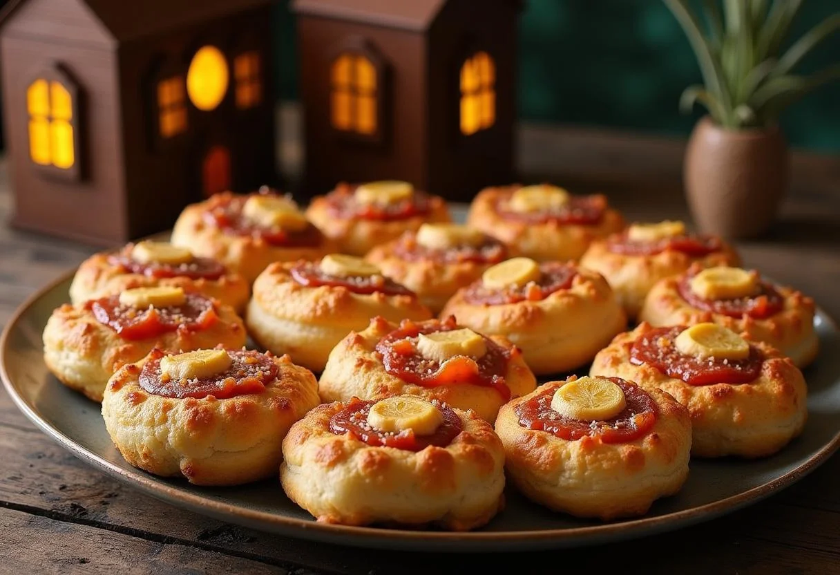 Deliciously baked Harry Potter Quidditch Pitch Pizza Puffs served on a rustic table, perfect for fans and party snacks.