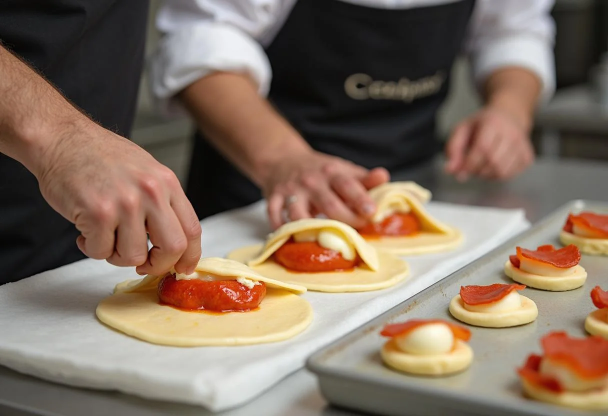Fill the dough circles to make delicious Harry Potter Quidditch Pitch Pizza Puffs, using cheese and pepperoni.