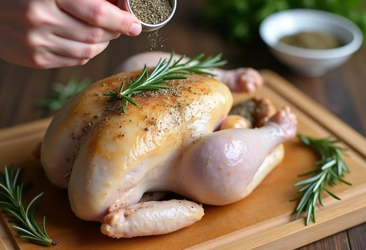 Delicious Harry Potter Ravenclaw Raven's Roost Roast Chicken being seasoned with fresh herbs, perfect for any Potter fan's feast.