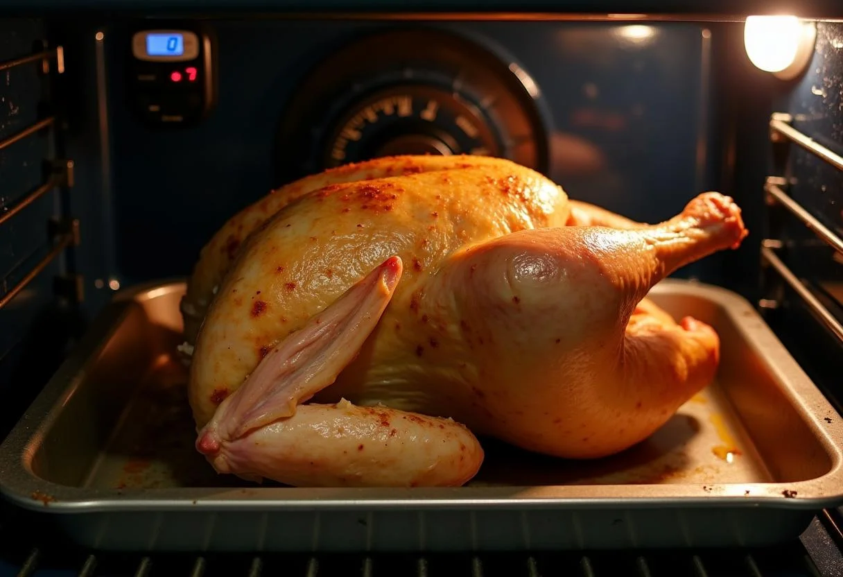 Preparing Harry Potter's Ravenclaw Raven's Roost Roast Chicken in a roasting pan, showcasing the importance of the right cooking temperature.