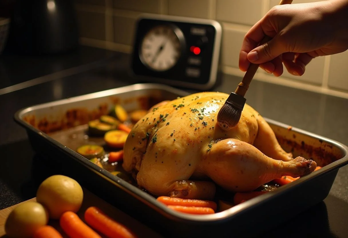 Basting the mouthwatering Harry Potter Ravenclaw Raven's Roost Roast Chicken to ensure a juicy finish, with colorful vegetables surrounding it.