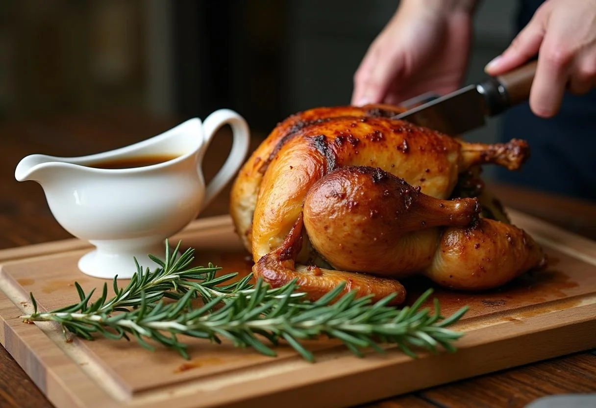 Carving the flavorful Harry Potter Ravenclaw Raven's Roost Roast Chicken, enhanced by homemade gravy and a rustic wooden board setting.