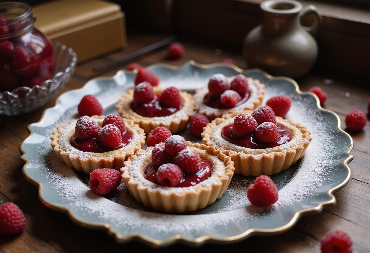 Serving delicious Harry Potter Room of Requirement Raspberry Tarts, elegantly presented with garnishes on a magical-themed table.