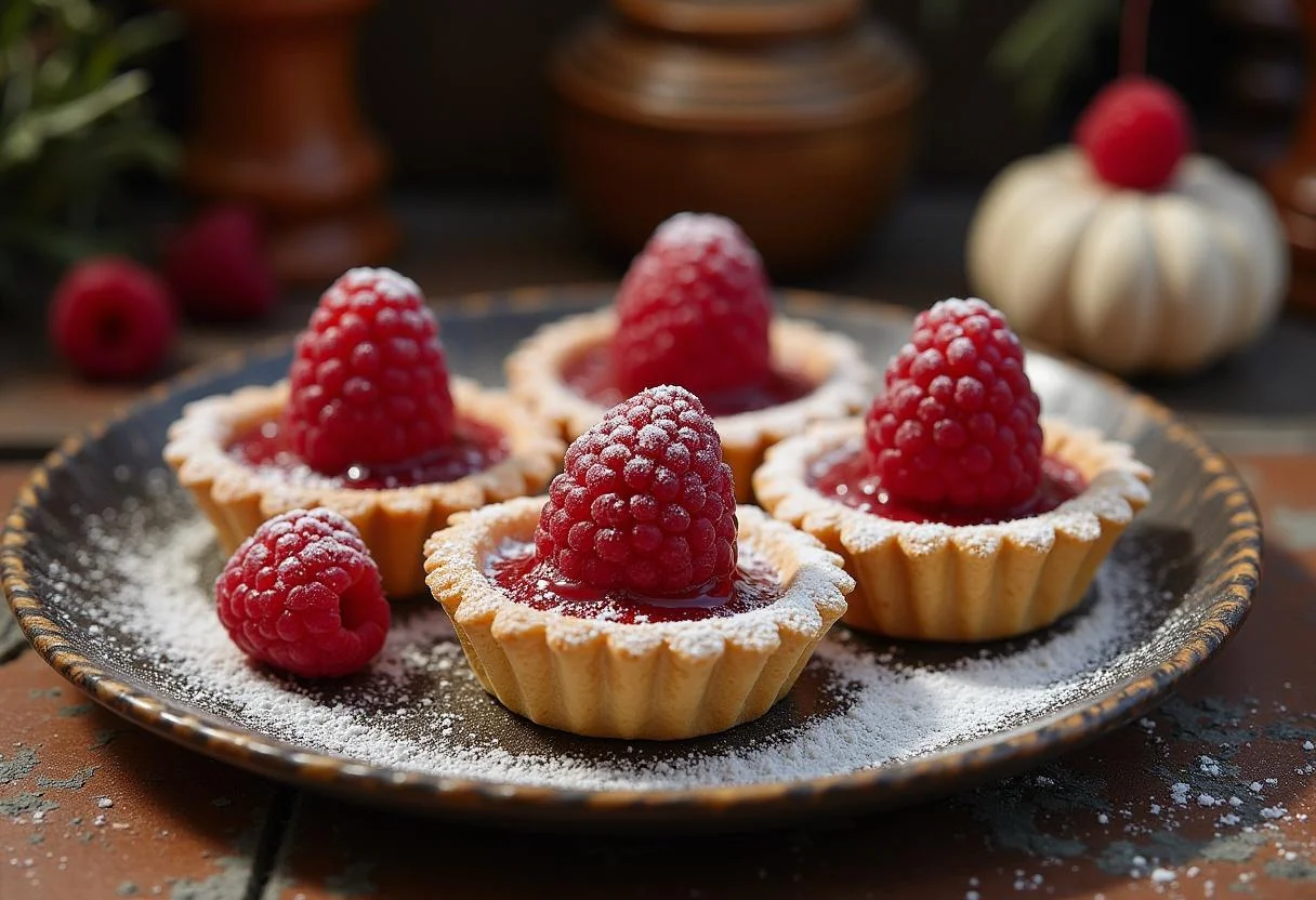 Serving delicious Harry Potter Room of Requirement Raspberry Tarts, elegantly presented with garnishes on a magical-themed table.
