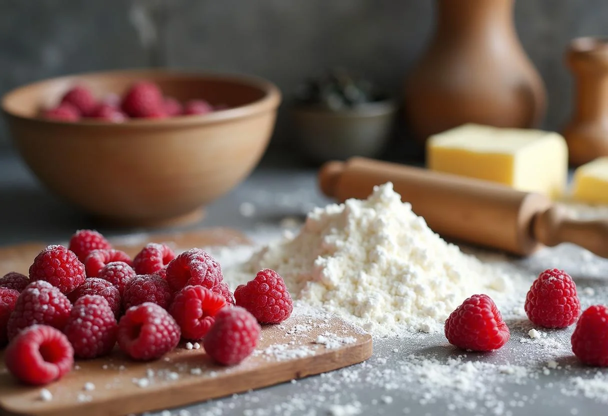 Making pastry dough for Harry Potter Room of Requirement Raspberry Tarts with fresh raspberries and baking ingredients on a magical kitchen countertop.