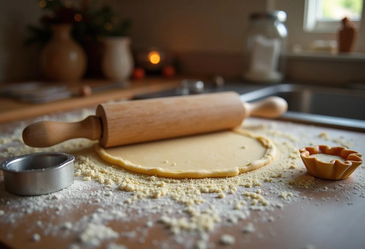 Rolling out pastry dough for Harry Potter Room of Requirement Raspberry Tarts with cookie cutters on a flour-dusted countertop in a whimsical kitchen.