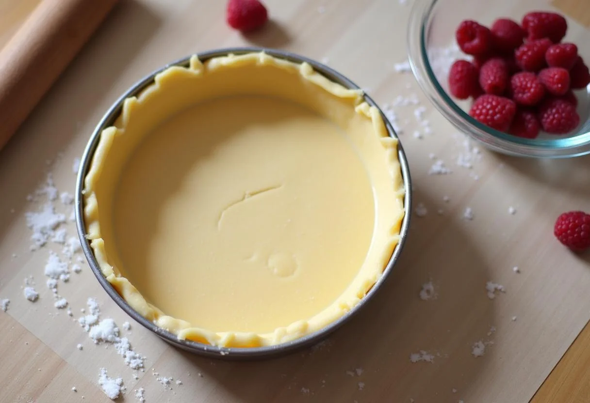 Lining a tart pan with pastry dough for Harry Potter Room of Requirement Raspberry Tarts, preparing delicious raspberry filling in a cozy kitchen setting.