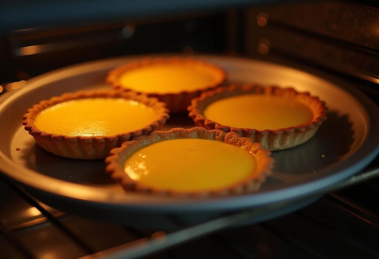 Baking delicious Harry Potter Room of Requirement Raspberry Tarts in the oven, showcasing golden shells rising in a warm kitchen environment.