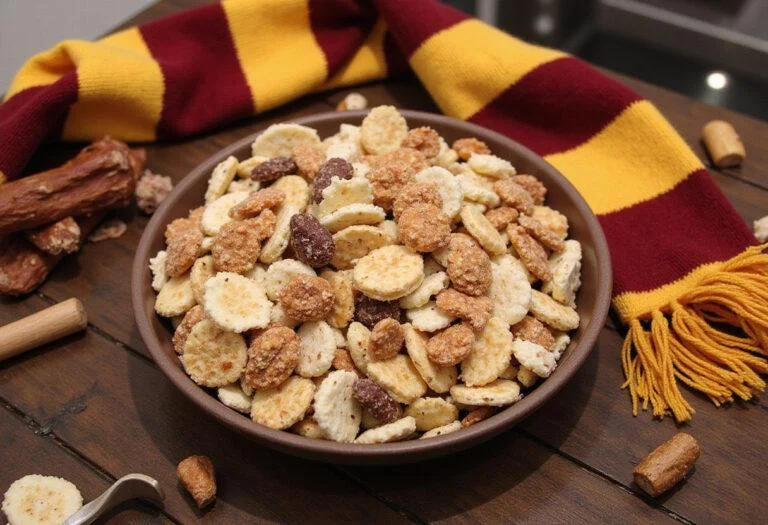 Final presentation of Harry Potter Sorting Hat Snack Mix in a decorative bowl, perfect for a magical themed party or movie night.