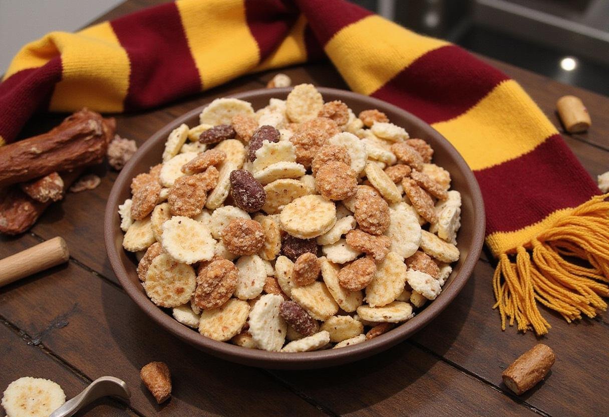 Final presentation of Harry Potter Sorting Hat Snack Mix in a decorative bowl, perfect for a magical themed party or movie night.