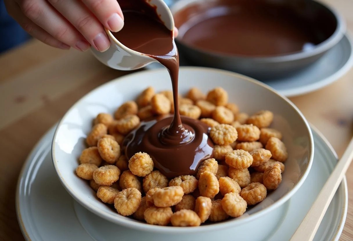 Melted chocolate being poured over Harry Potter Sorting Hat Snack Mix, creating a delicious and gooey combination of flavors.