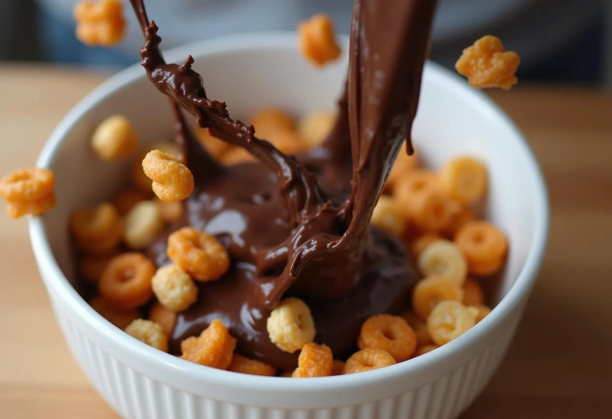 Mixing the Harry Potter Sorting Hat Snack Mix, chocolate coating popcorn, pretzels, and candy for a magical blend of flavors.