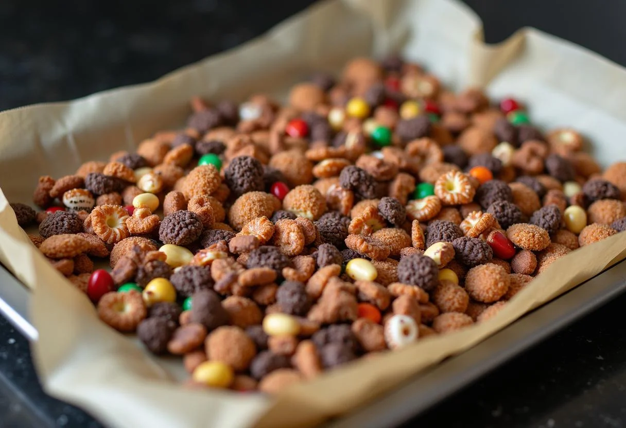 Spreading Harry Potter Sorting Hat Snack Mix on parchment to cool, showcasing colorful snacks and chocolate coating for a delicious treat.