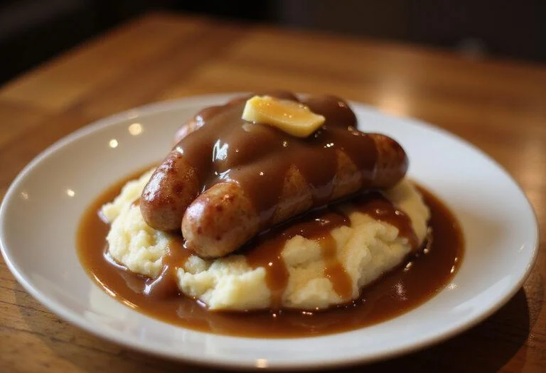 Final presentation of Harry Potter Three Broomsticks Bangers and Mash, showcasing sumptuous sausages, creamy mashed potatoes, and rich gravy on a rustic table.