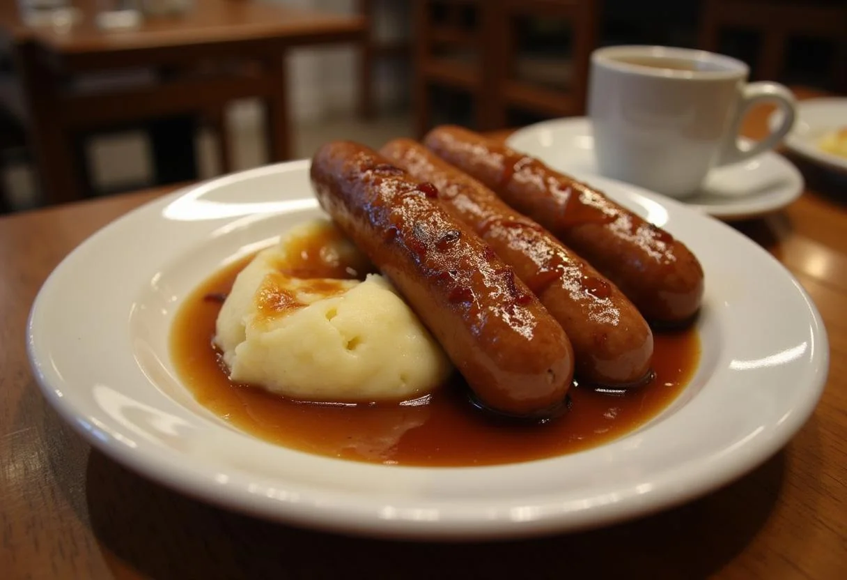 Final presentation of Harry Potter Three Broomsticks Bangers and Mash, showcasing sumptuous sausages, creamy mashed potatoes, and rich gravy on a rustic table.