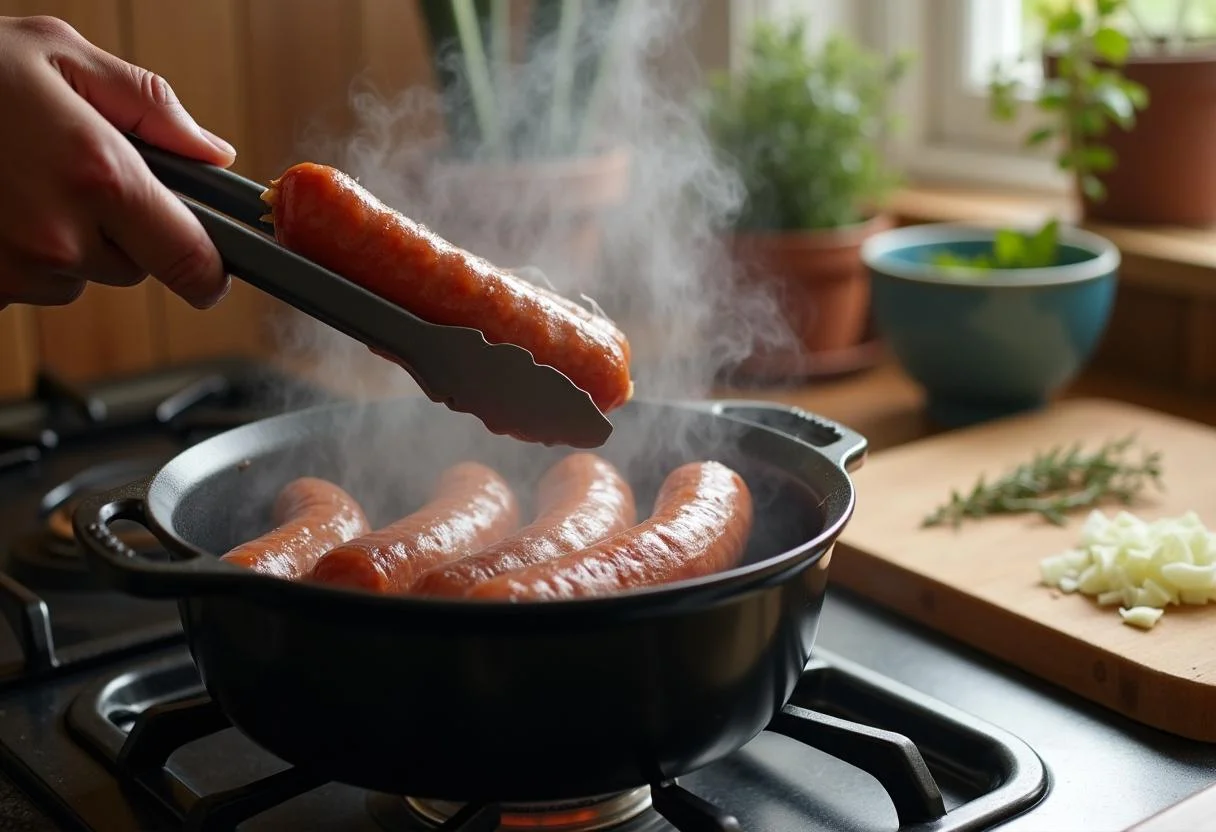 Preparing Harry Potter Three Broomsticks Bangers and Mash with sausages being boiled, a cozy kitchen ambiance, and fresh ingredients ready.