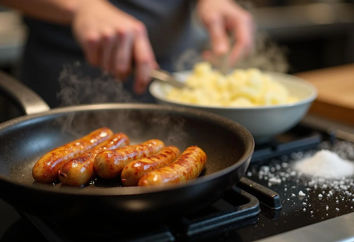 Cooking Harry Potter Three Broomsticks Bangers and Mash, sausages frying to perfection with creamy mashed potatoes being prepared, a warm kitchen setting.