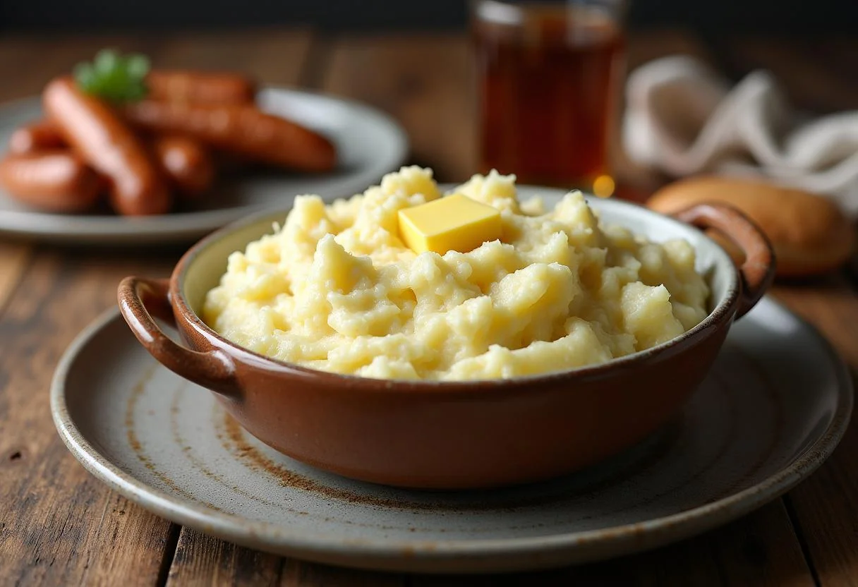 Serving Harry Potter Three Broomsticks Bangers and Mash, featuring buttery mashed potatoes and golden sausages on a rustic wooden table.