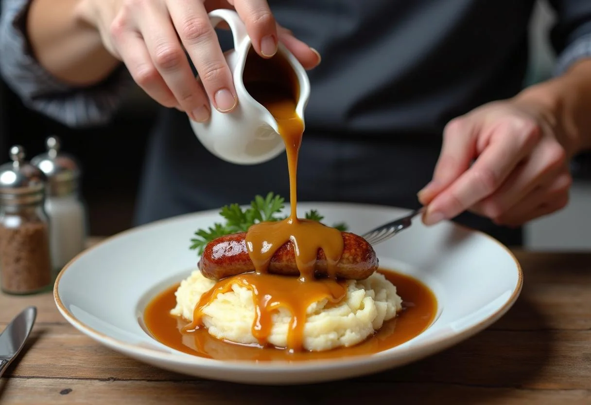 Adding savory onion gravy to Harry Potter Three Broomsticks Bangers and Mash, showcasing the delicious final preparations in a homely kitchen.