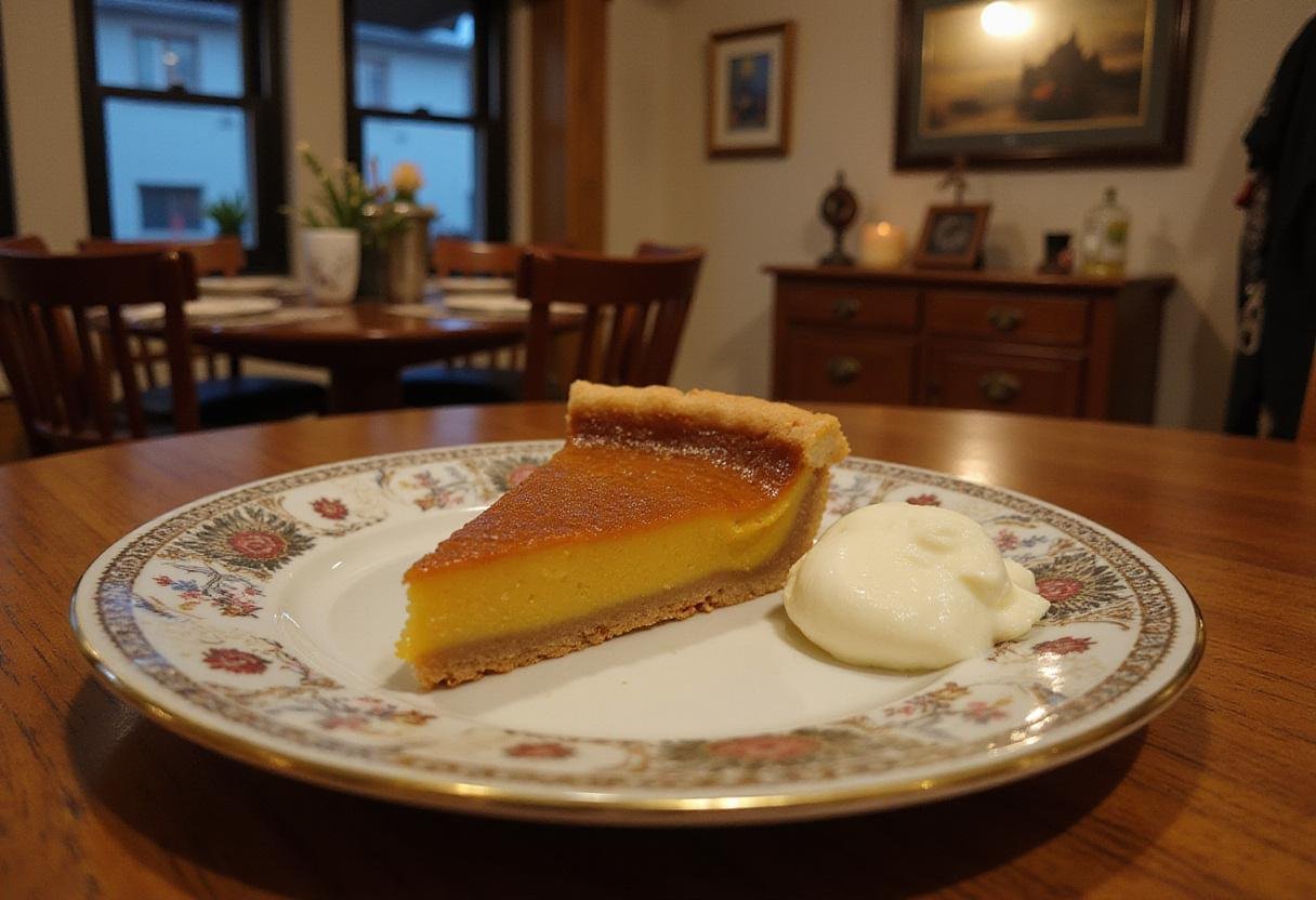 Serving a slice of Harry Potter Treacle Tart with clotted cream, perfect for a magical treat in a charming kitchen setting.