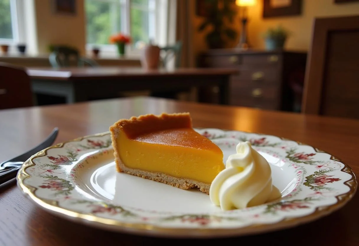 Serving a slice of Harry Potter Treacle Tart with clotted cream, perfect for a magical treat in a charming kitchen setting.