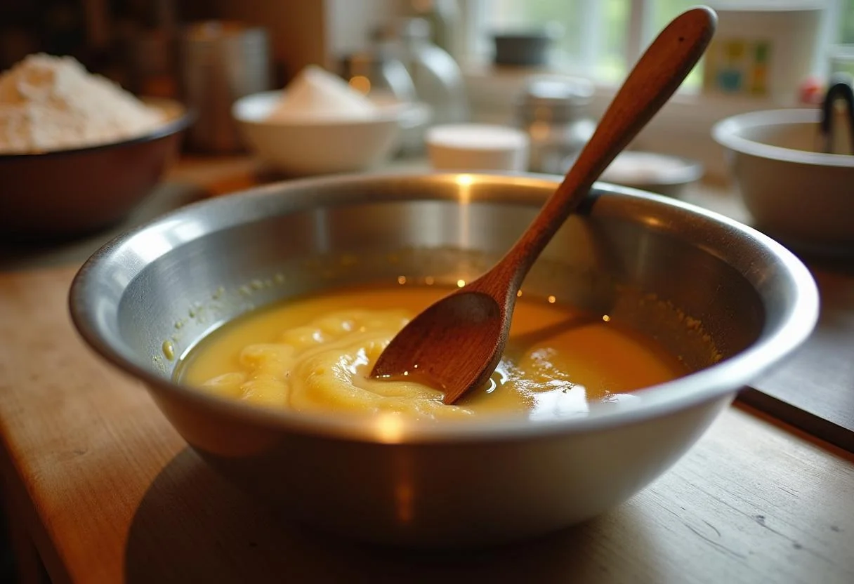 Preparing the mixture for Harry Potter Treacle Tart, with golden syrup and baking ingredients in a warm kitchen.