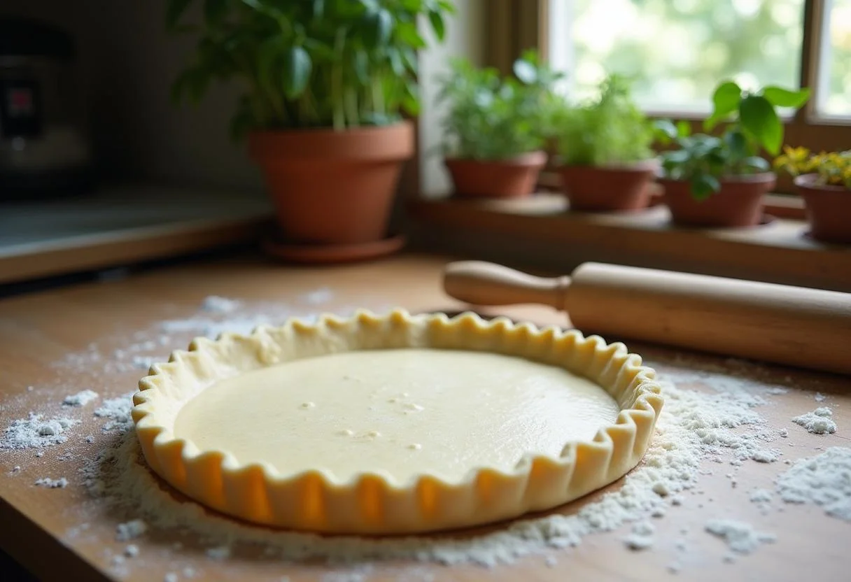 Rolling out pie crust for Harry Potter Treacle Tart, surrounded by a rustic kitchen ambiance and baking supplies.
