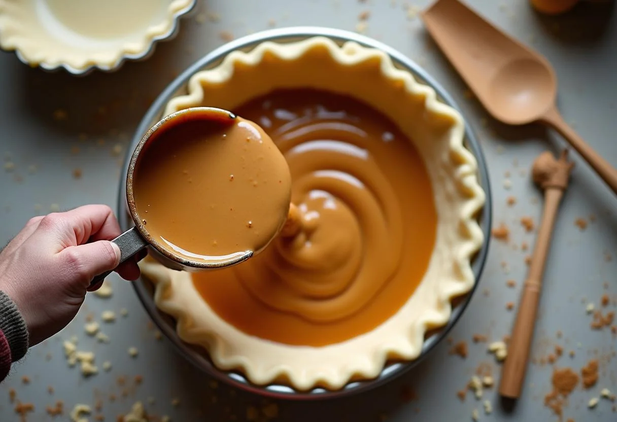 Filling the crust with treacle mixture for a Harry Potter Treacle Tart, showcasing a delicious sticky filling and a cheerful baking environment.